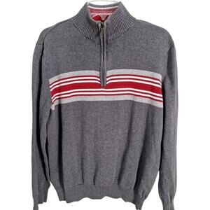 Vintage 90s/Y2k Gray 1/4 Zip Horizontal Stripe Cotton Sweater Men Size Large